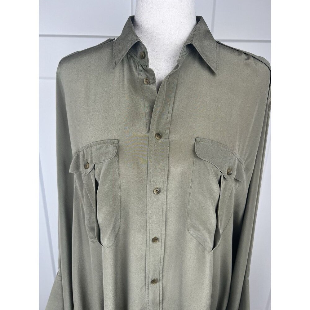Polo Ralph Lauren 100% Silk Blouse Batwing Oversize Olive Green Asymmetrical M/L - Picture 2 of 11